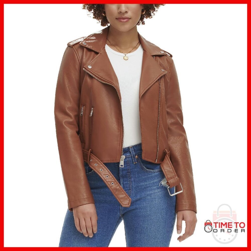 Faux Leather Moto Jacket with Belt, Asymmetrical Zipper, Regular & Plus Sizes